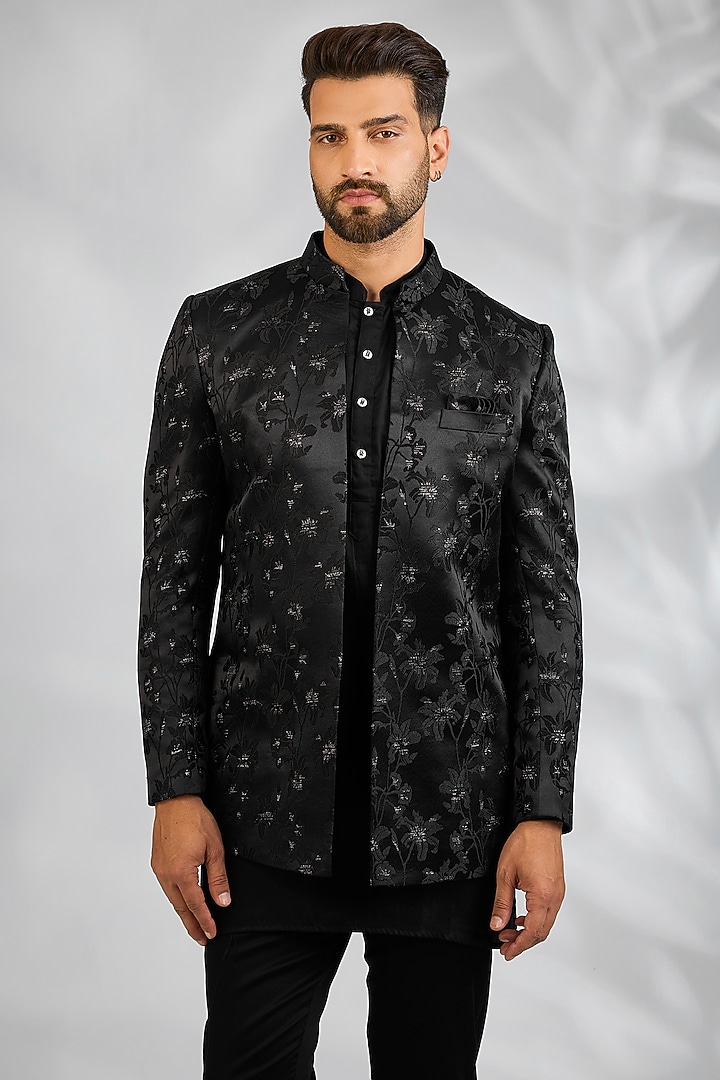 Black Blended Silk Floral Embroidered Wedding Indowestern Set by Spring Break Men at Pernia's Pop Up Shop