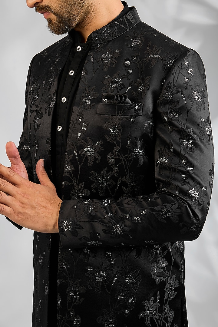 Black Blended Silk Floral Embroidered Wedding Indowestern Set by Spring Break Men at Pernia's Pop Up Shop