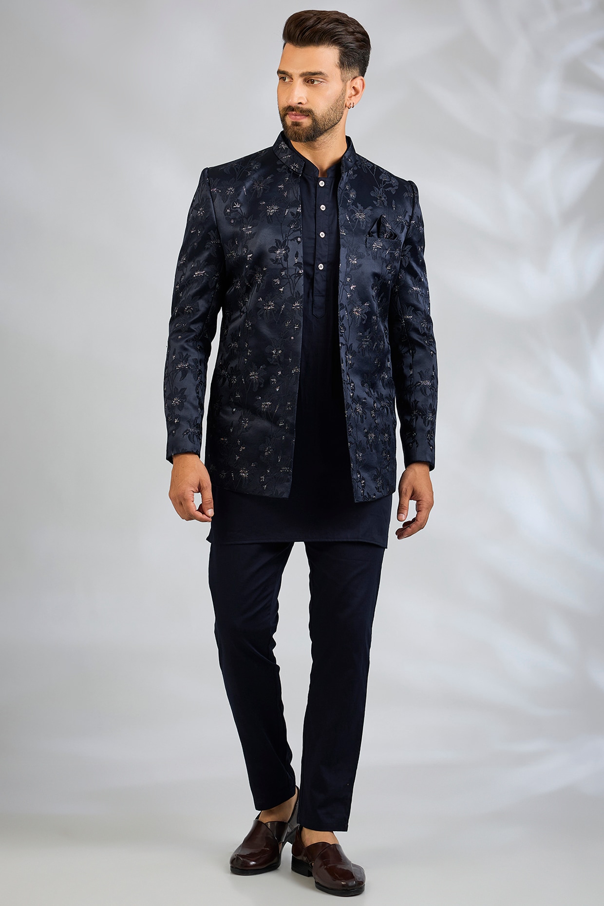 Spring Break Navy Blue Blended Silk Floral Embroidered Indowestern Set