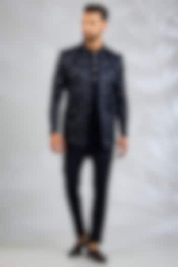 Navy Blue Blended Silk Floral Embroidered Wedding Indowestern Set by Spring Break Men at Pernia's Pop Up Shop