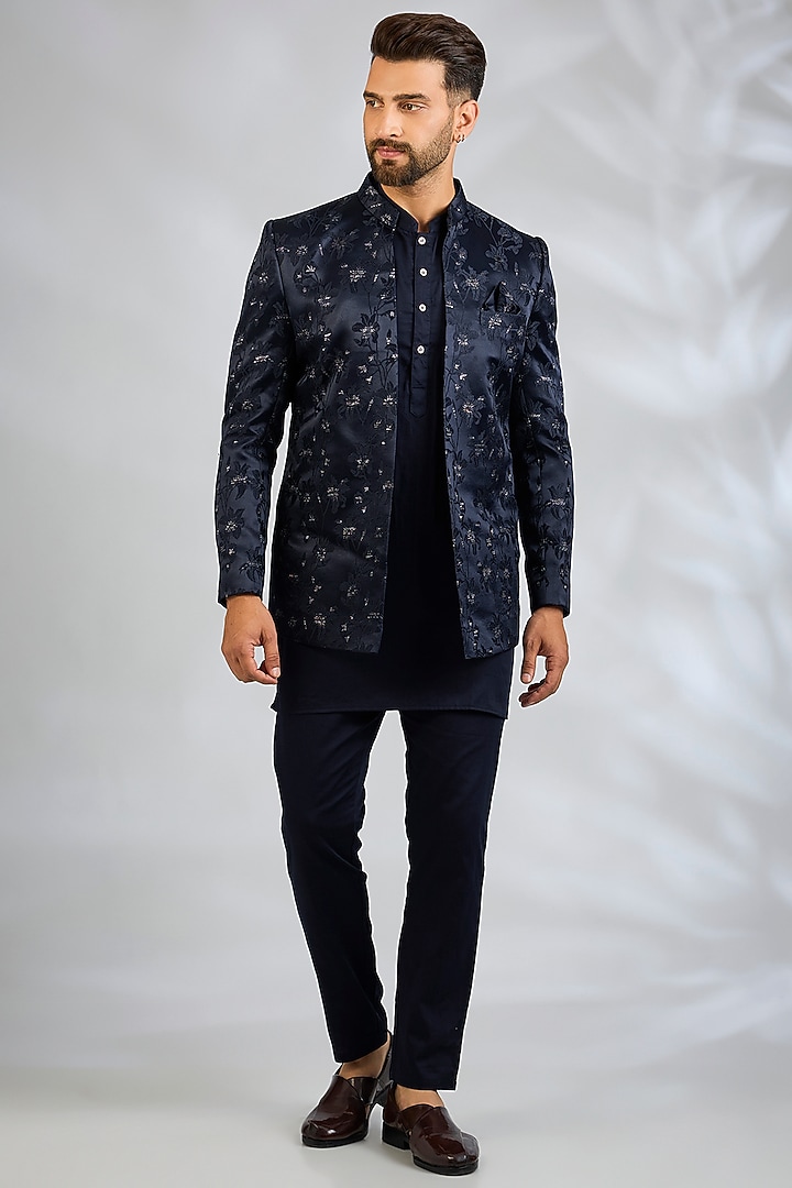 Navy Blue Blended Silk Floral Embroidered Wedding Indowestern Set by Spring Break Men at Pernia's Pop Up Shop