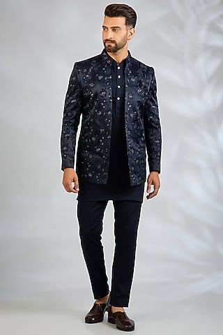 Navy Blue Blended Silk Floral Embroidered Indowestern Set by Spring Break Men