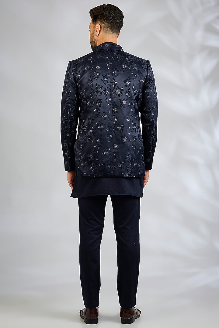 Navy Blue Blended Silk Floral Embroidered Wedding Indowestern Set by Spring Break Men at Pernia's Pop Up Shop