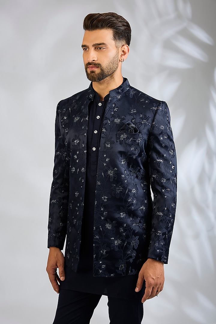 Navy Blue Blended Silk Floral Embroidered Wedding Indowestern Set by Spring Break Men at Pernia's Pop Up Shop