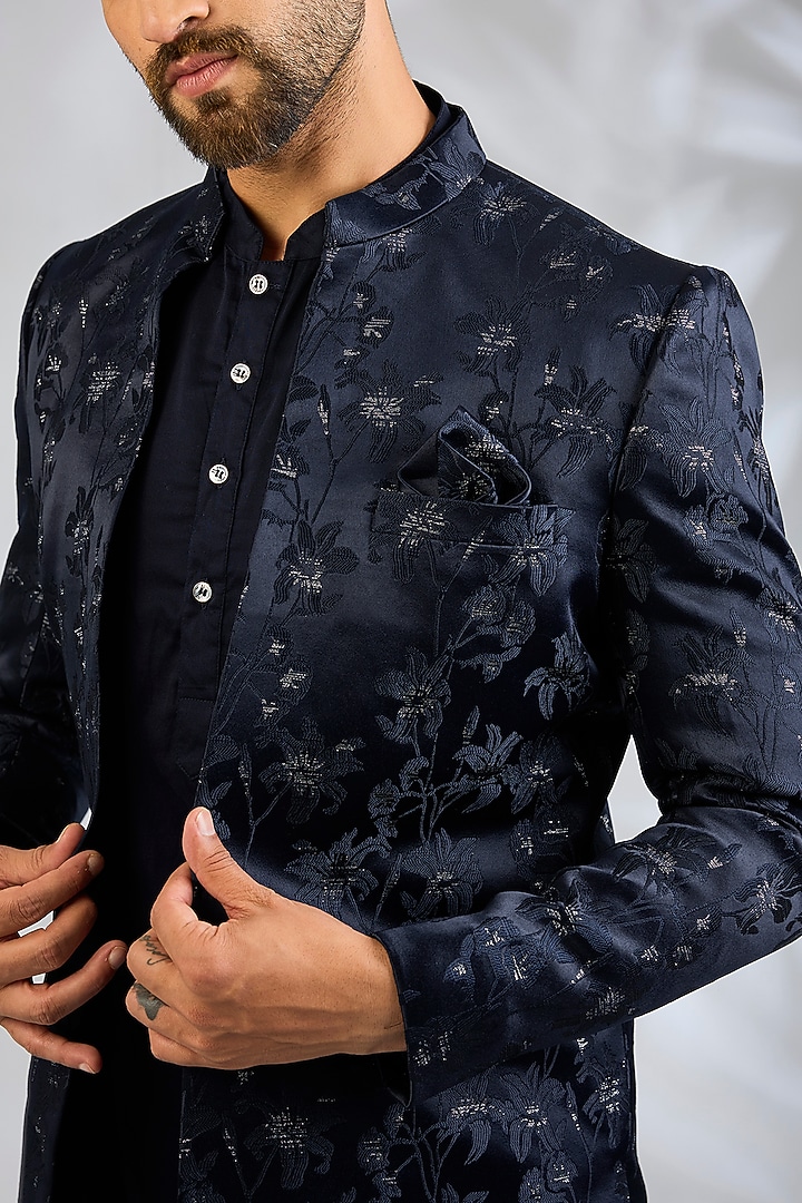 Navy Blue Blended Silk Floral Embroidered Wedding Indowestern Set by Spring Break Men at Pernia's Pop Up Shop
