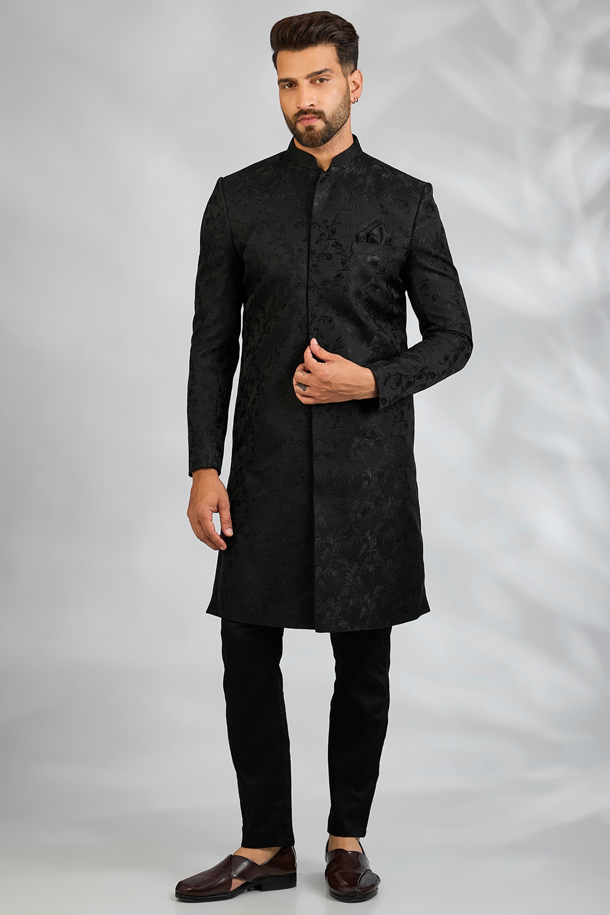 Spring Break Black Blended Silk Embroidered Sherwani Set