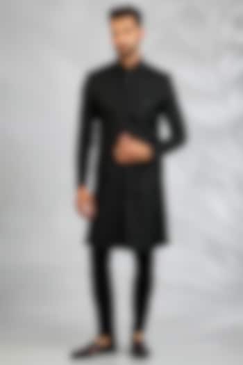 Black Blended Silk Embroidered Wedding Sherwani Set by Spring Break Men at Pernia's Pop Up Shop