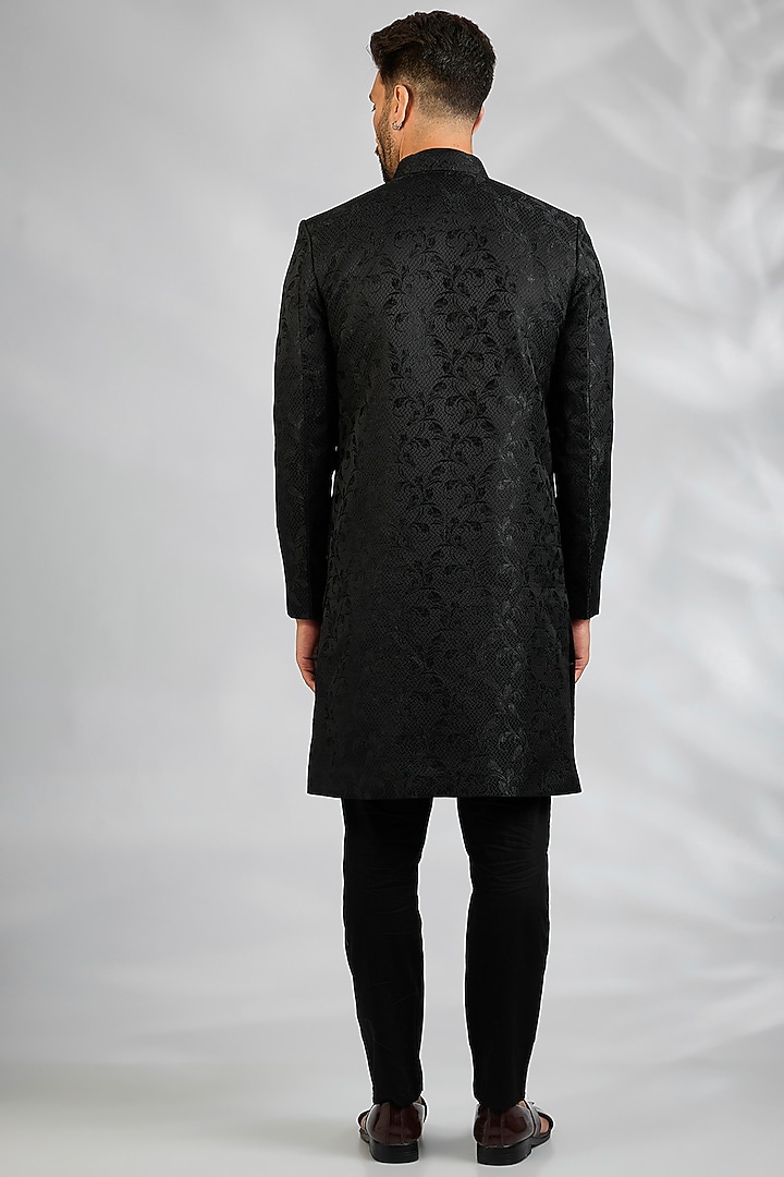 Black Blended Silk Embroidered Wedding Sherwani Set by Spring Break Men at Pernia's Pop Up Shop