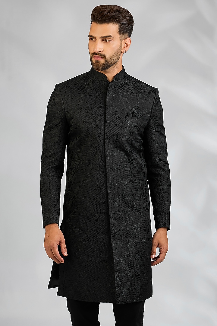 Black Blended Silk Embroidered Wedding Sherwani Set by Spring Break Men at Pernia's Pop Up Shop