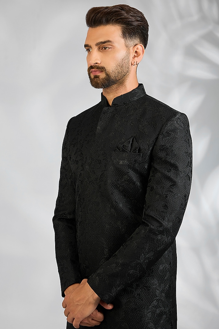 Black Blended Silk Embroidered Wedding Sherwani Set by Spring Break Men at Pernia's Pop Up Shop