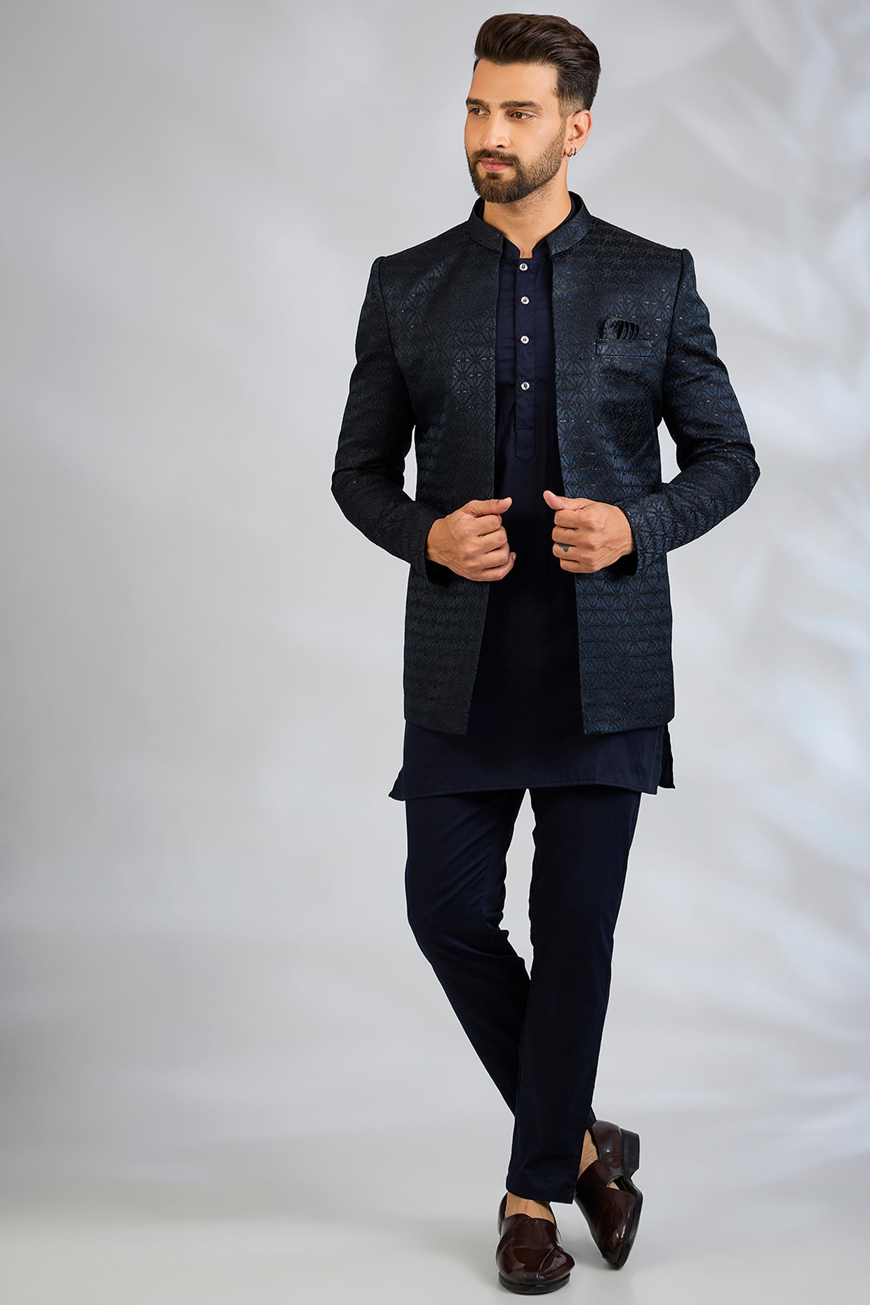 Spring Break Navy Blue Blended Silk Embroidered Indowestern Set