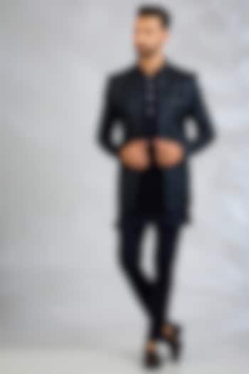 Navy Blue Blended Silk Embroidered Wedding Indowestern Set by Spring Break Men at Pernia's Pop Up Shop