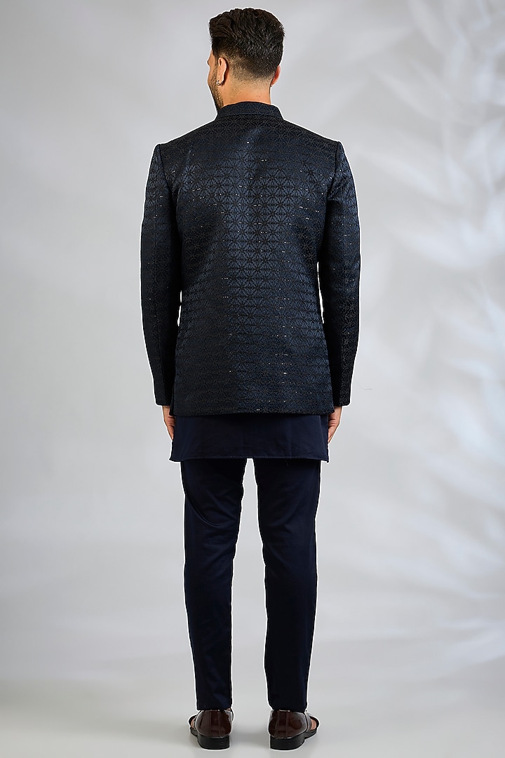 Navy Blue Blended Silk Embroidered Wedding Indowestern Set by Spring Break Men at Pernia's Pop Up Shop