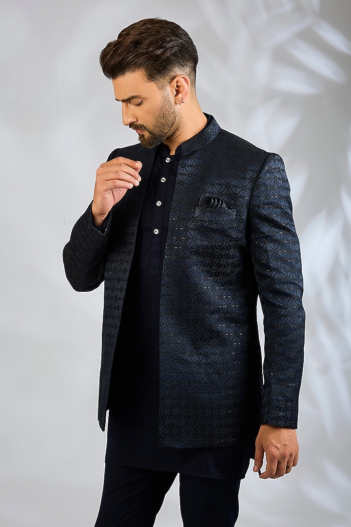 Navy Blue Blended Silk Embroidered Wedding Indowestern Set by Spring Break Men at Pernia's Pop Up Shop