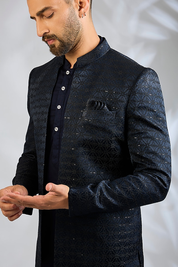 Navy Blue Blended Silk Embroidered Wedding Indowestern Set by Spring Break Men at Pernia's Pop Up Shop