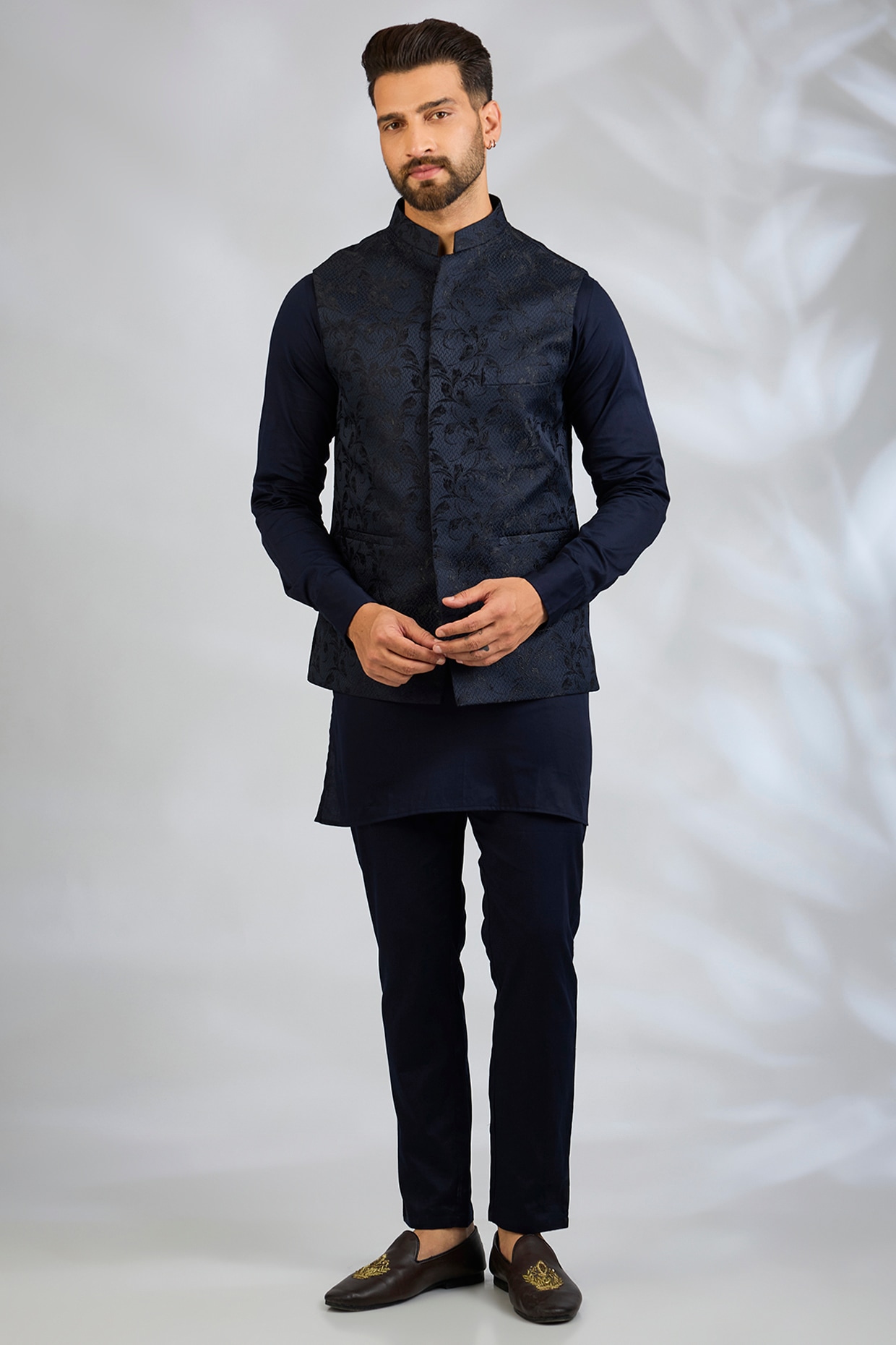 Spring Break Navy Blue Blended Silk Embroidered Bundi Jacket Set