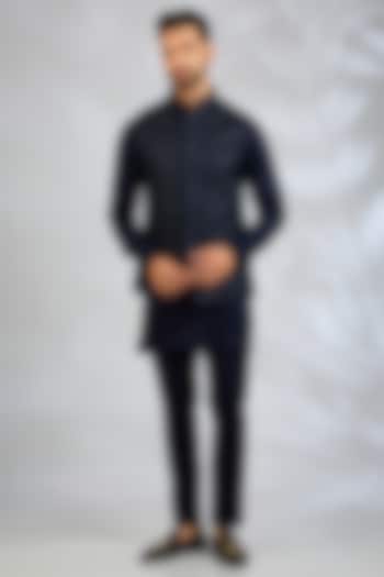 Navy Blue Blended Silk Embroidered Bundi Jacket Set by Spring Break Men at Pernia's Pop Up Shop
