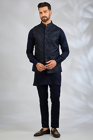 Navy Blue Blended Silk Embroidered Bundi Jacket Set by Spring Break Men