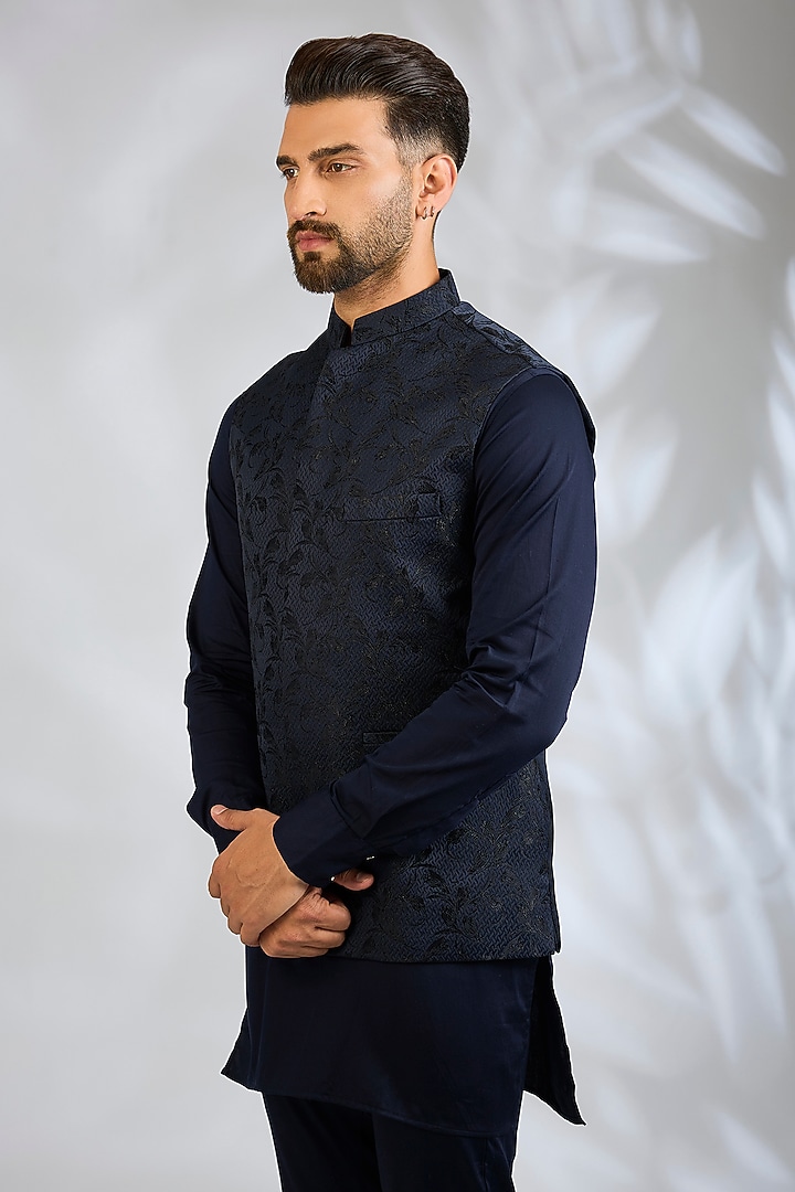 Navy Blue Blended Silk Embroidered Bundi Jacket Set by Spring Break Men at Pernia's Pop Up Shop
