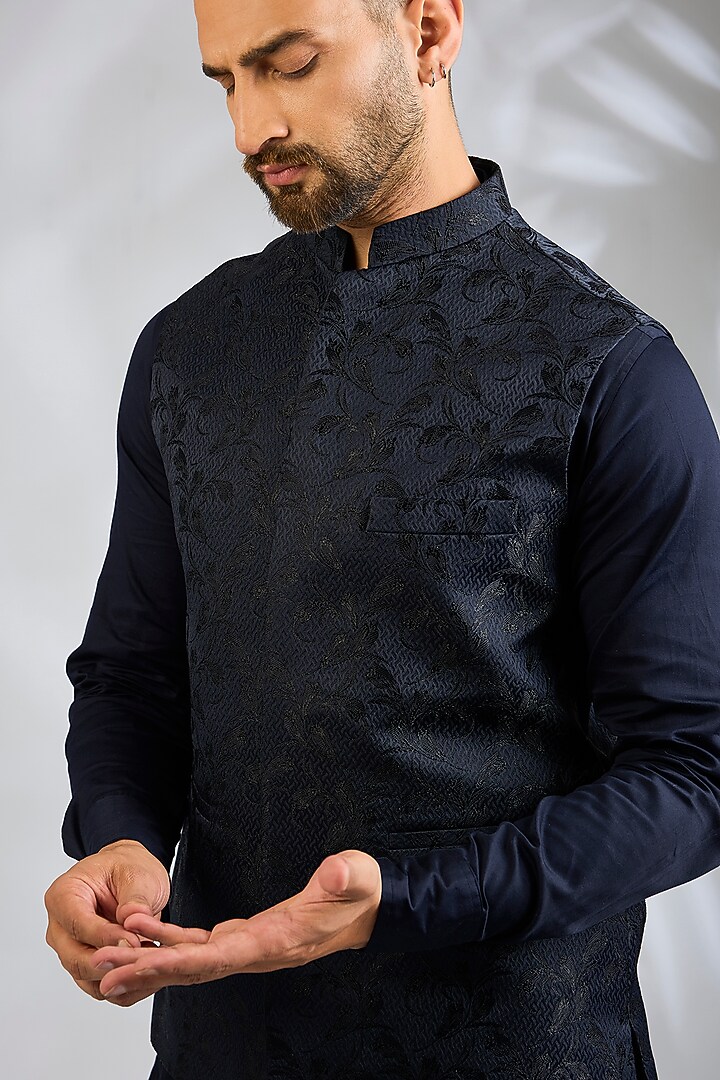 Navy Blue Blended Silk Embroidered Bundi Jacket Set by Spring Break Men at Pernia's Pop Up Shop
