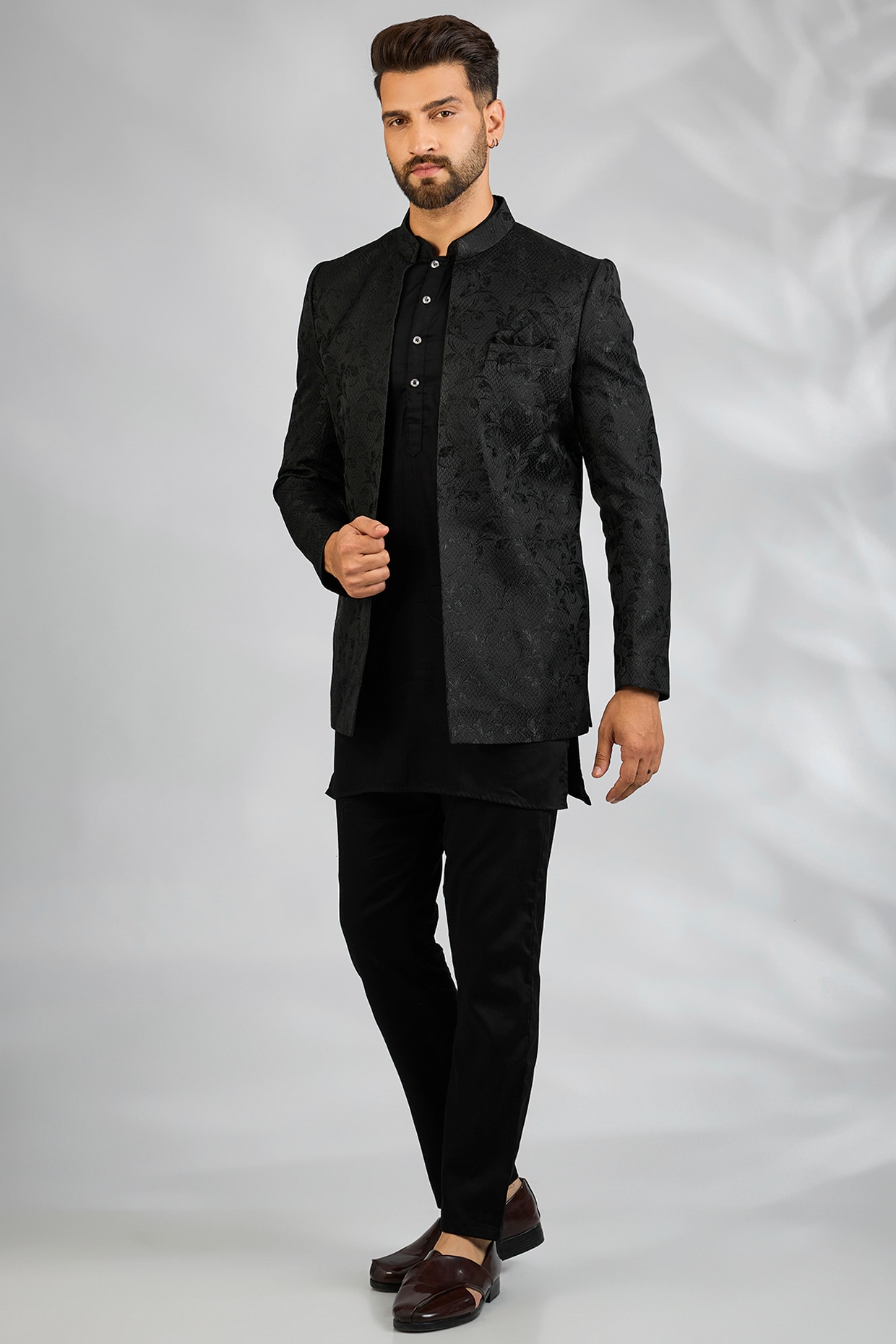 Spring Break Black Blended Silk Embroidered Indowestern Set