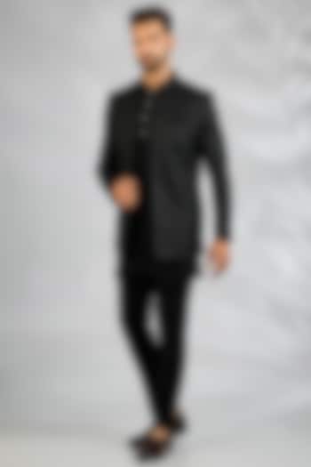 Black Blended Silk Embroidered Wedding Indowestern Set by Spring Break Men at Pernia's Pop Up Shop