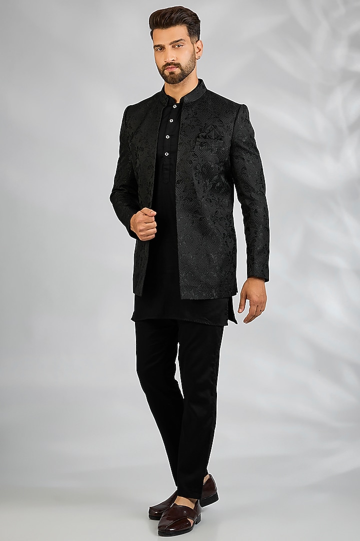 Black Blended Silk Embroidered Wedding Indowestern Set by Spring Break Men at Pernia's Pop Up Shop
