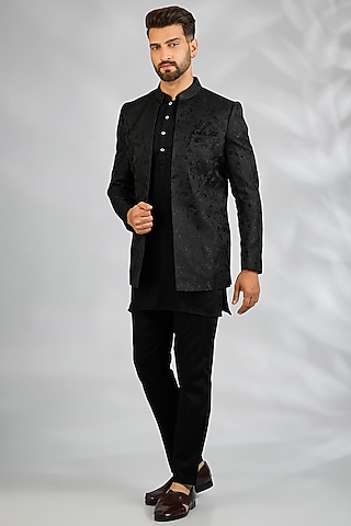 Black Blended Silk Embroidered Indowestern Set by Spring Break Men