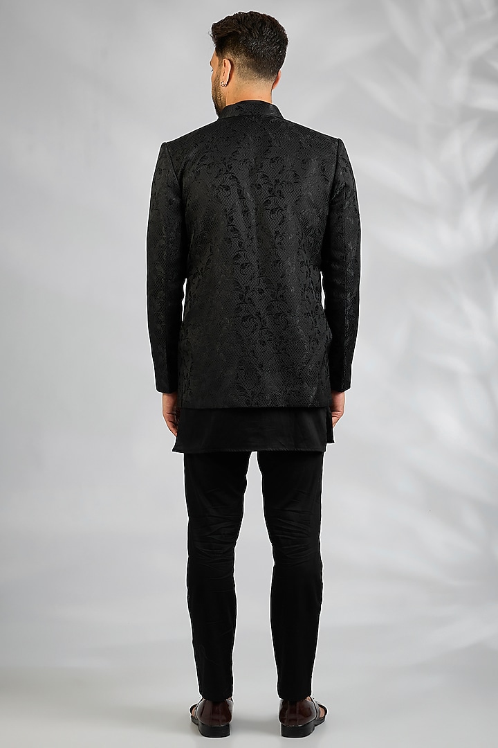 Black Blended Silk Embroidered Wedding Indowestern Set by Spring Break Men at Pernia's Pop Up Shop
