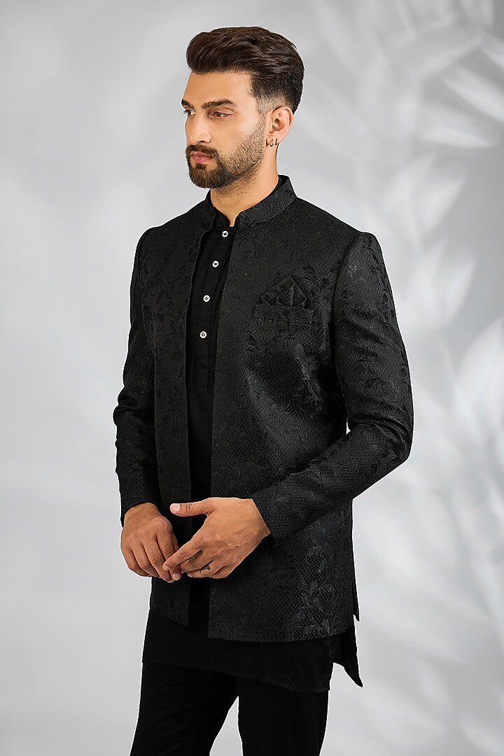 Black Blended Silk Embroidered Wedding Indowestern Set by Spring Break Men at Pernia's Pop Up Shop