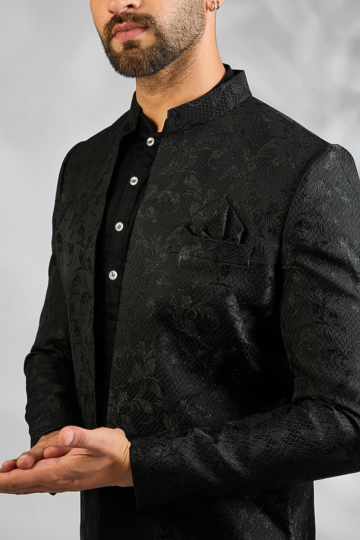 Black Blended Silk Embroidered Wedding Indowestern Set by Spring Break Men at Pernia's Pop Up Shop