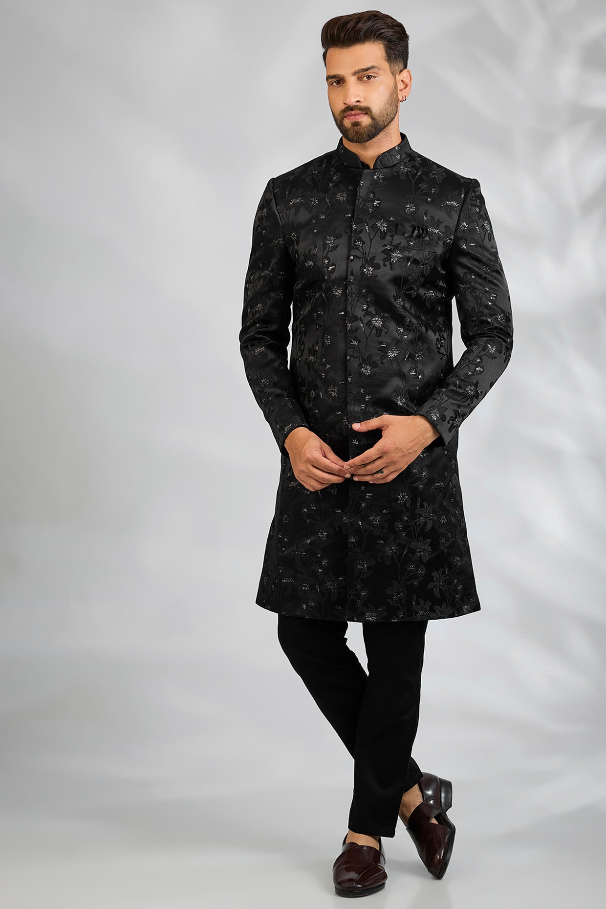Spring Break Black Blended Silk Floral Embroidered Sherwani Set