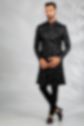 Black Blended Silk Floral Embroidered Wedding Sherwani Set by Spring Break Men at Pernia's Pop Up Shop