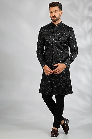 Black Blended Silk Floral Embroidered Sherwani Set by Spring Break Men