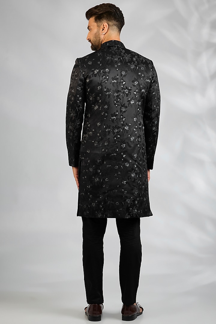 Black Blended Silk Floral Embroidered Wedding Sherwani Set by Spring Break Men at Pernia's Pop Up Shop