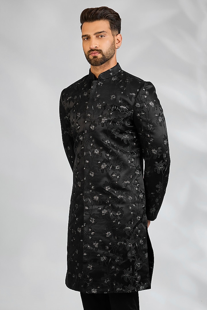 Black Blended Silk Floral Embroidered Wedding Sherwani Set by Spring Break Men at Pernia's Pop Up Shop