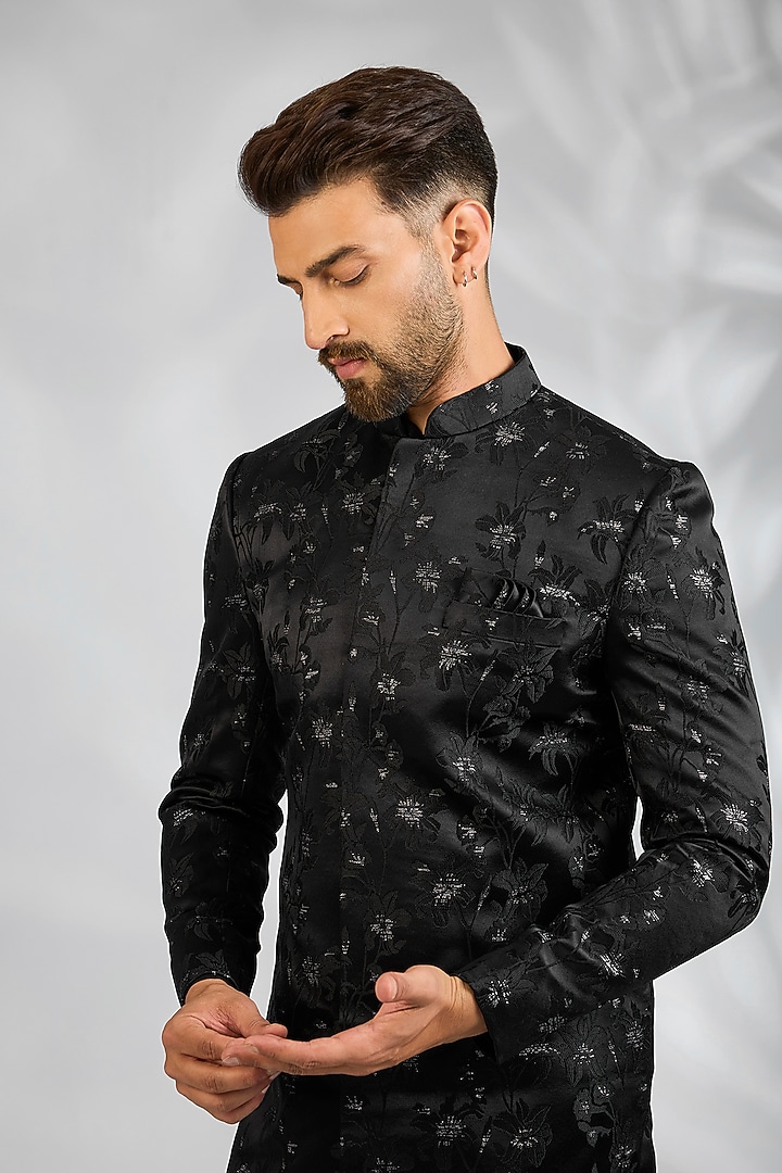 Black Blended Silk Floral Embroidered Wedding Sherwani Set by Spring Break Men at Pernia's Pop Up Shop