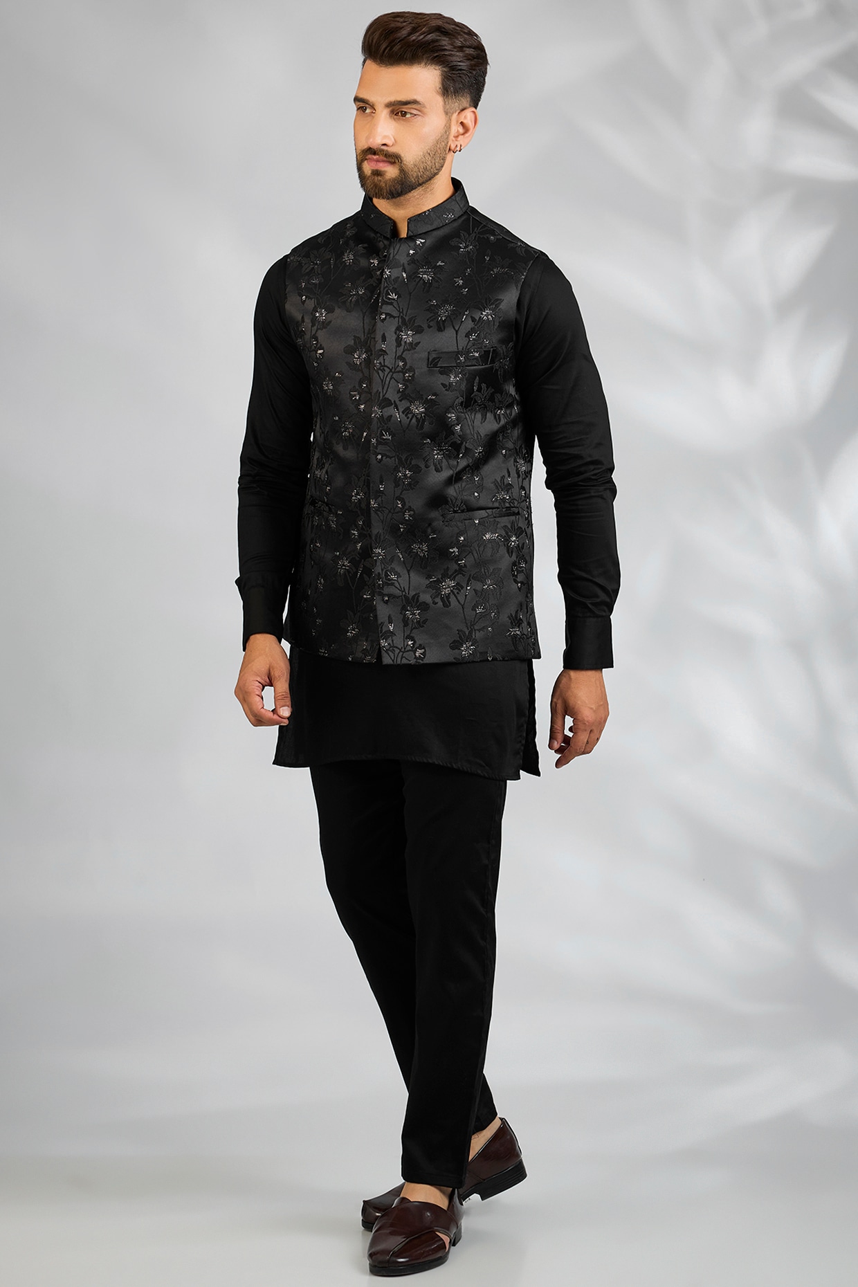 Spring Break Navy Blue Blended Silk Floral Embroidered Bundi Jacket Set