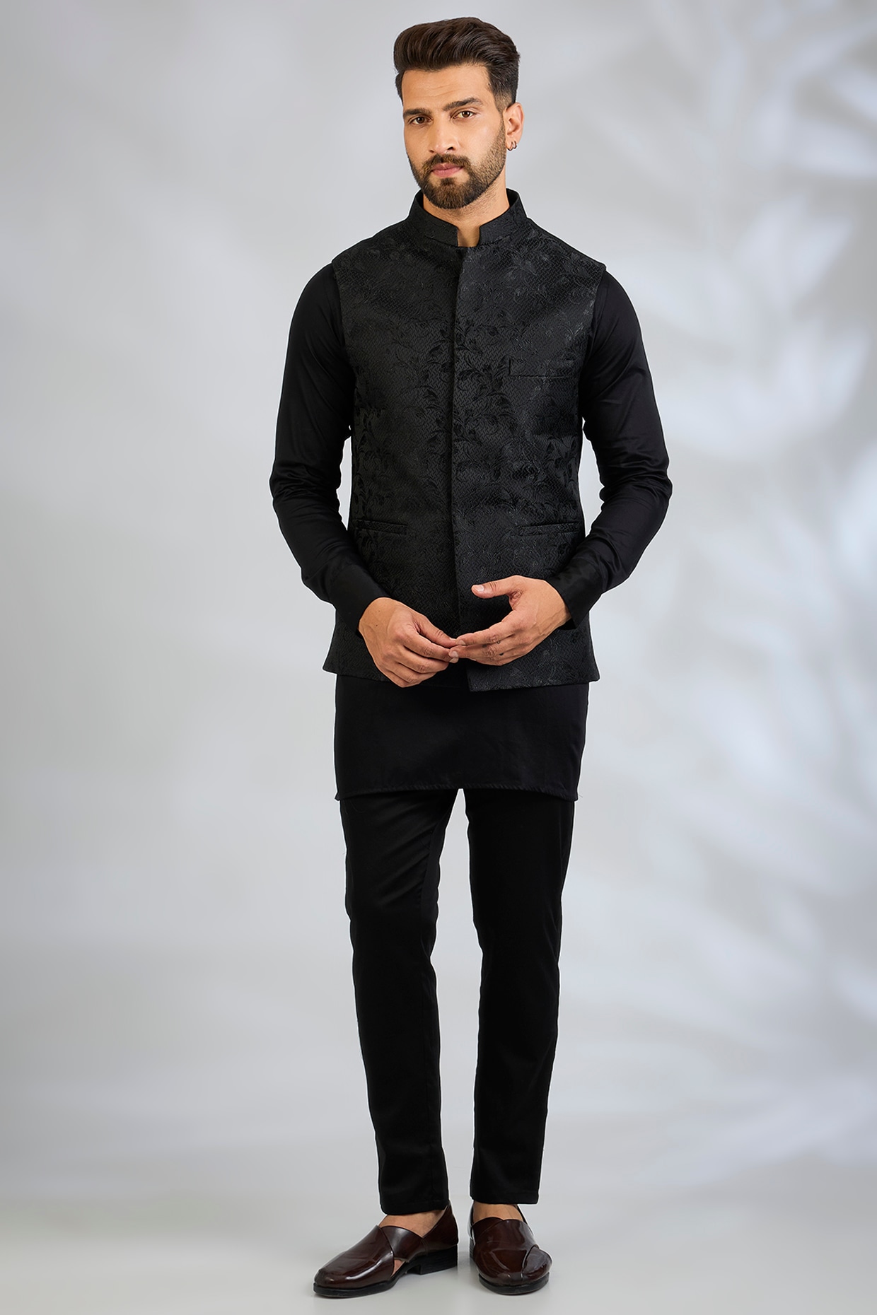 Spring Break Black Blended Silk Embroidered Bundi Jacket Set