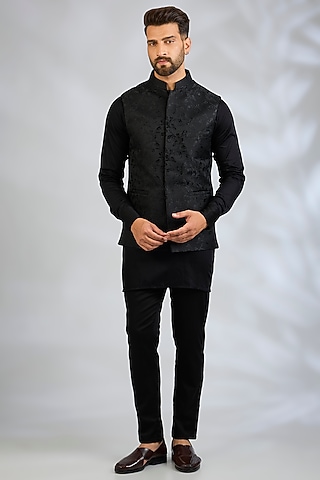 Black Blended Silk Embroidered Bundi Jacket Set by Spring Break Men