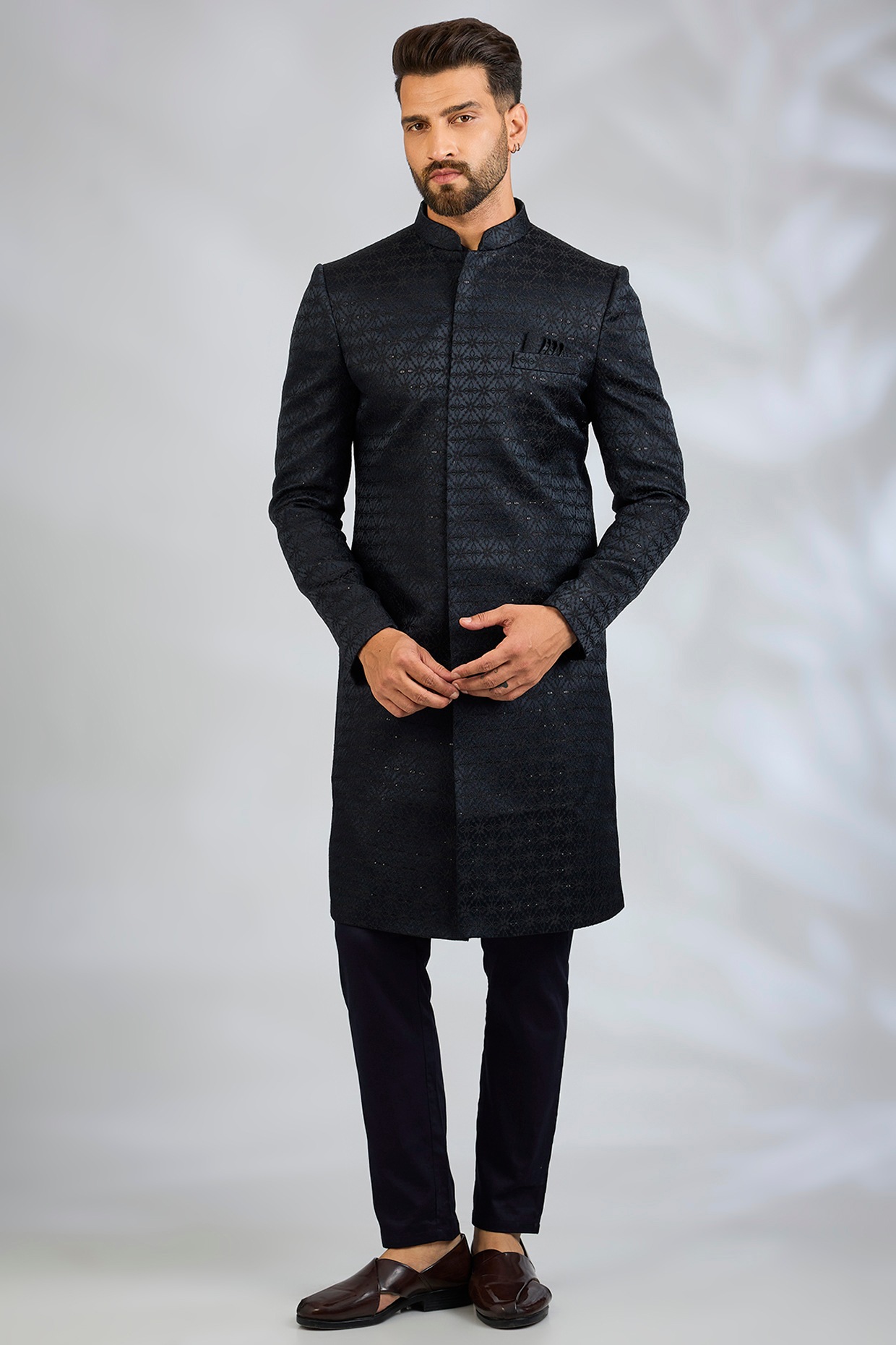 Spring Break Navy Blue Blended Silk Geometric Embroidered Sherwani Set