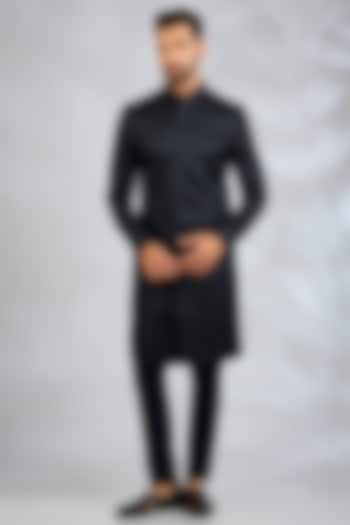 Navy Blue Blended Silk Geometric Embroidered Wedding Sherwani Set by Spring Break Men at Pernia's Pop Up Shop