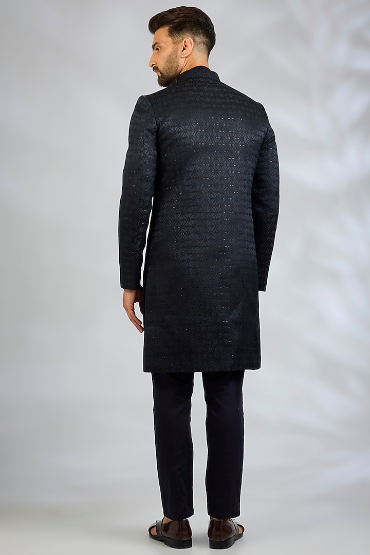 Navy Blue Blended Silk Geometric Embroidered Wedding Sherwani Set by Spring Break Men at Pernia's Pop Up Shop