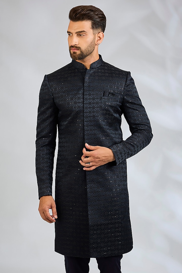 Navy Blue Blended Silk Geometric Embroidered Wedding Sherwani Set by Spring Break Men at Pernia's Pop Up Shop
