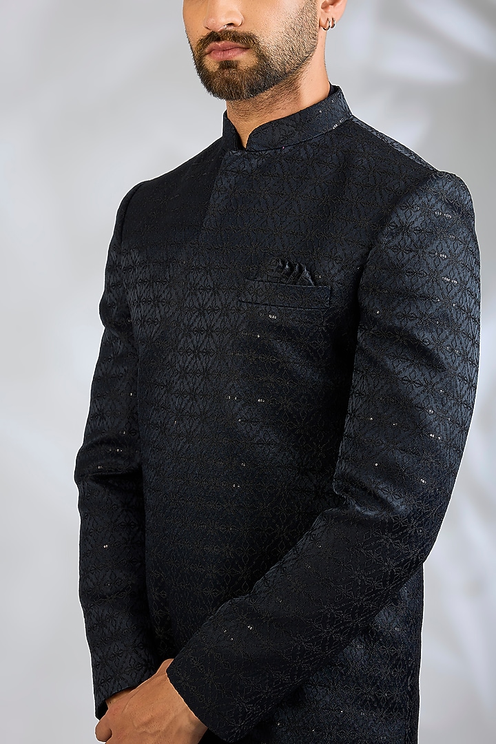 Navy Blue Blended Silk Geometric Embroidered Wedding Sherwani Set by Spring Break Men at Pernia's Pop Up Shop