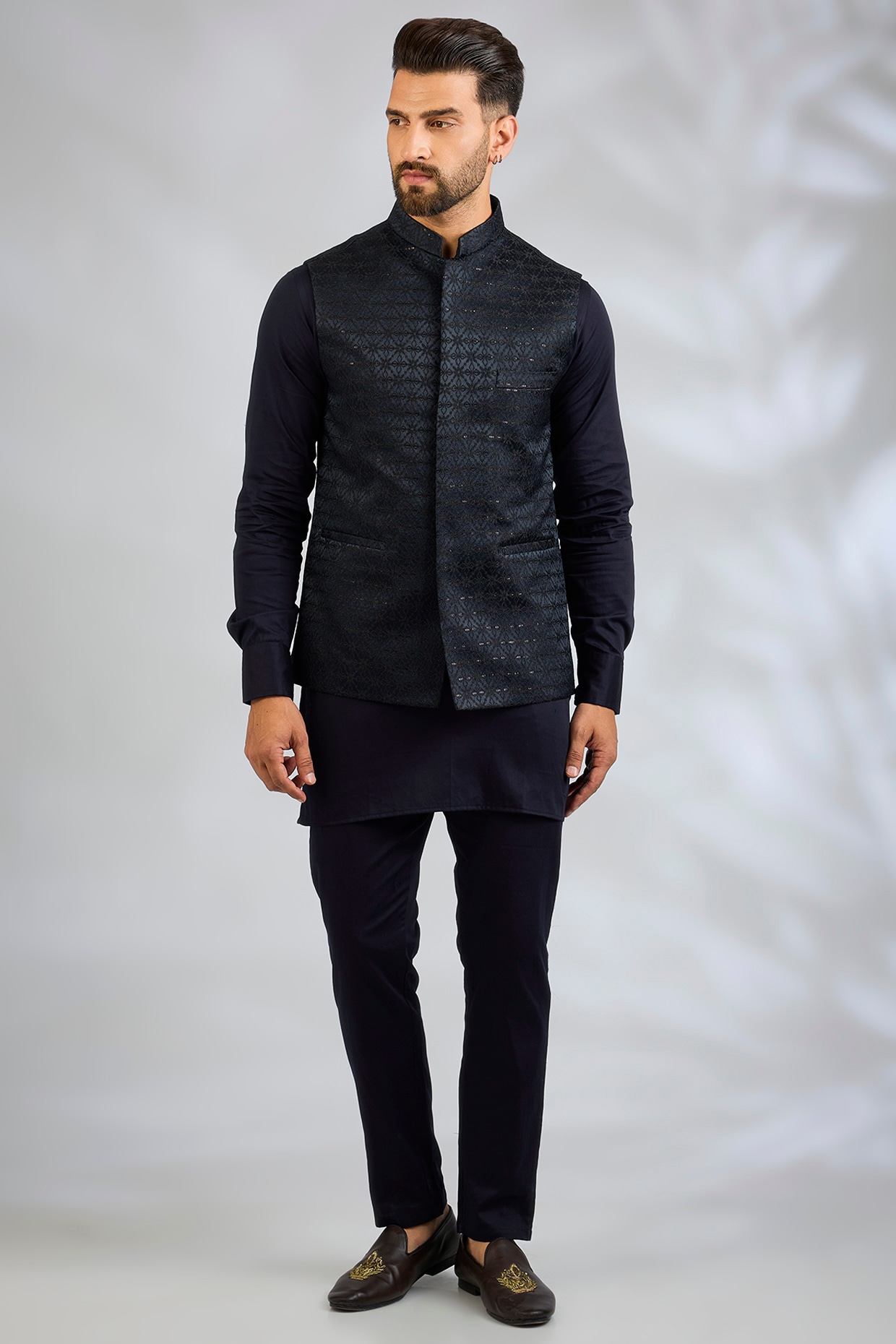 Spring Break Navy Blue Blended Silk Geometric Embroidered Bundi Jacket Set
