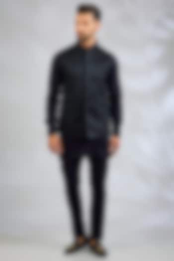 Navy Blue Blended Silk Geometric Embroidered Bundi Jacket Set by Spring Break Men at Pernia's Pop Up Shop