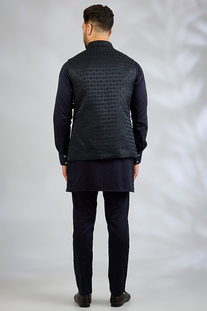 Navy Blue Blended Silk Geometric Embroidered Bundi Jacket Set by Spring Break Men at Pernia's Pop Up Shop