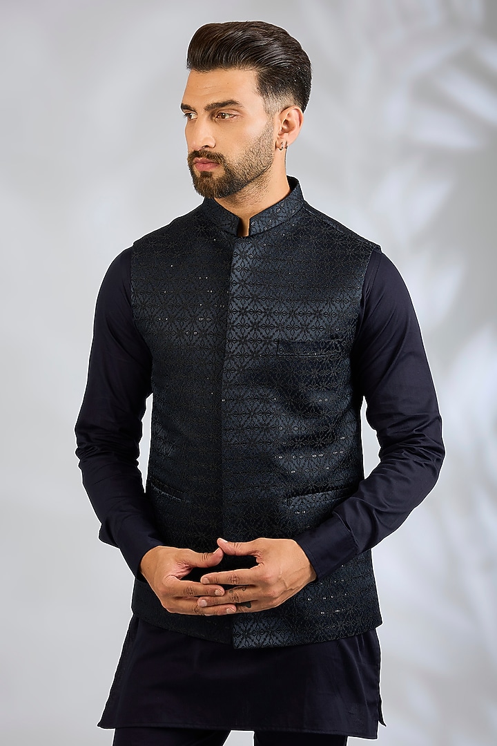 Navy Blue Blended Silk Geometric Embroidered Bundi Jacket Set by Spring Break Men at Pernia's Pop Up Shop