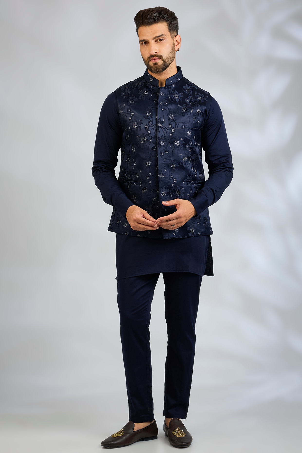 Spring Break Navy Blue Blended Silk Floral Embroidered Bundi Jacket Set